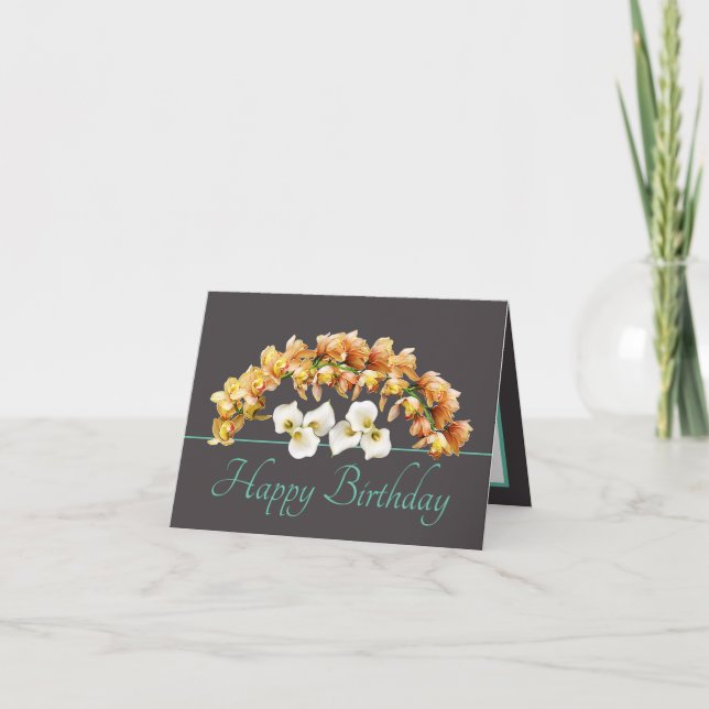Tarjeta Gray Mint Bouquet Orchids Lilies Feliz Cumpleaños (Anverso)
