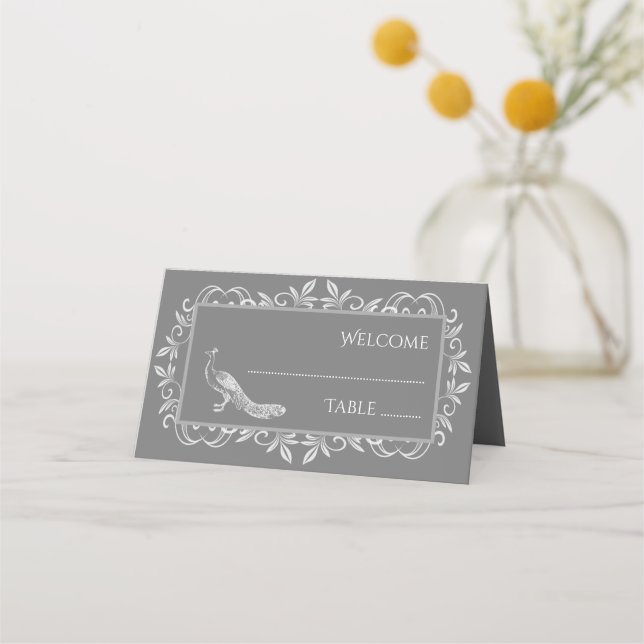 Tarjeta Gray Peacock Flourish Recepción Place (Anverso)