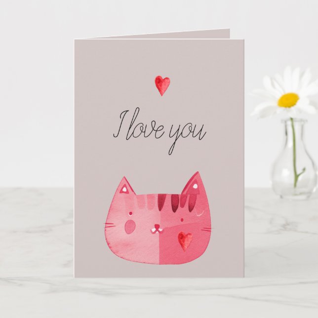 Tarjeta Gray Stone Red Cat Hearts Love You (Planta pequeña)