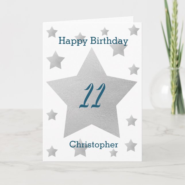 Tarjeta Gray Watercolor Stars 11th Birthday Card (Anverso)