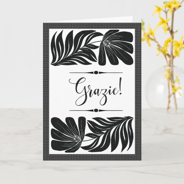 Tarjeta Grazie Floreale Elegante Tropicale Bianco e Nero (flor amarilla)