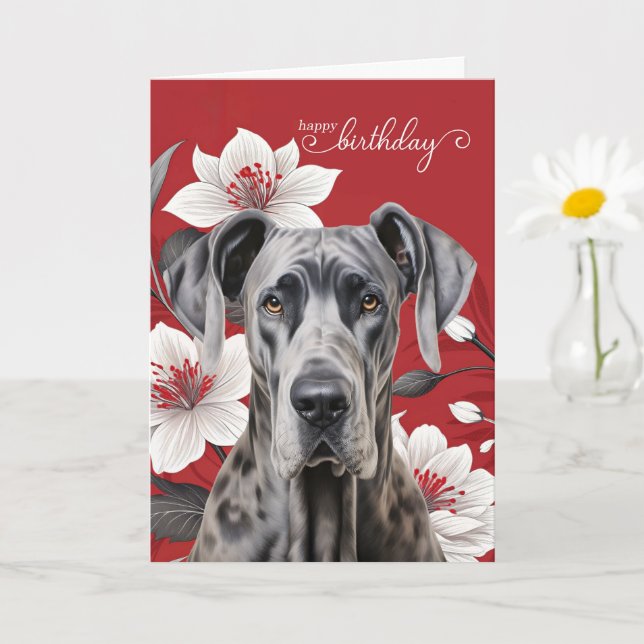 Tarjeta Great Dane Dog Birthday White Lilies on Red (Planta pequeña)