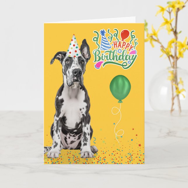 Tarjeta Great Dane Dog Party Hat Yellow Birthday (flor amarilla)