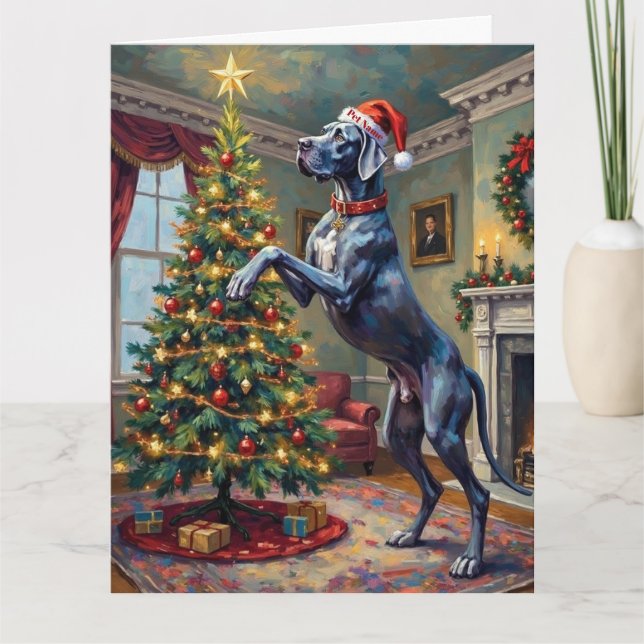 Tarjeta Great Dane Helping Decorate Christmas Star Hat (Anverso)