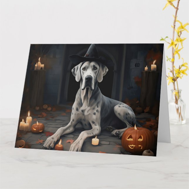 Tarjeta Great Dane Pumpkins Halloween Scary Flip (flor amarilla)