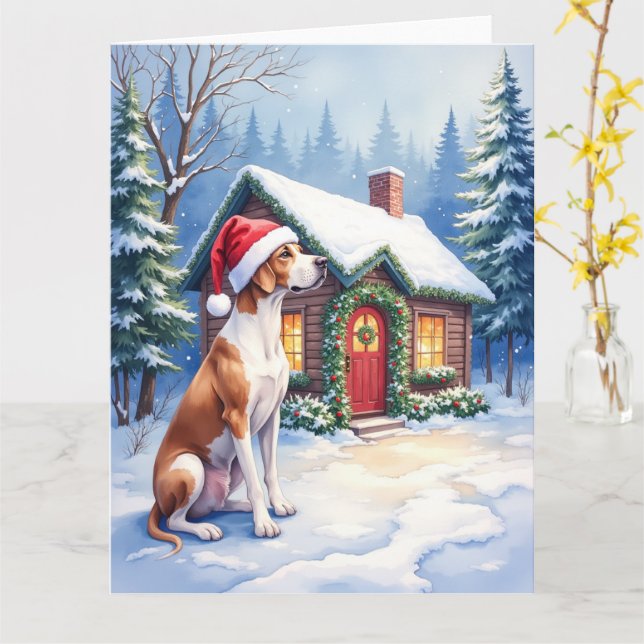 Tarjeta Great Dane Snowy Cabin Santa Hat Christmas Art (flor amarilla)