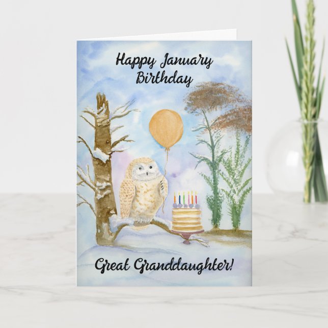 Tarjeta Great Granddaughte Happy January Birthday Owl Cake (Anverso)