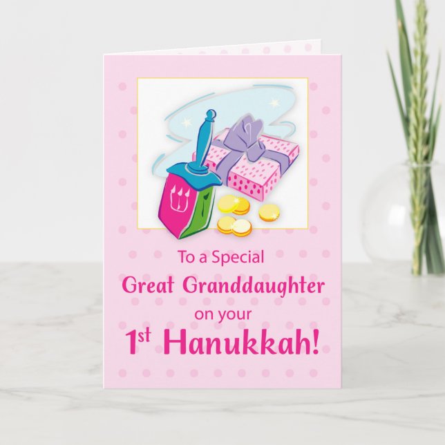Tarjeta Great Granddaughter First Hanukkah Blue Dreidel (Anverso)