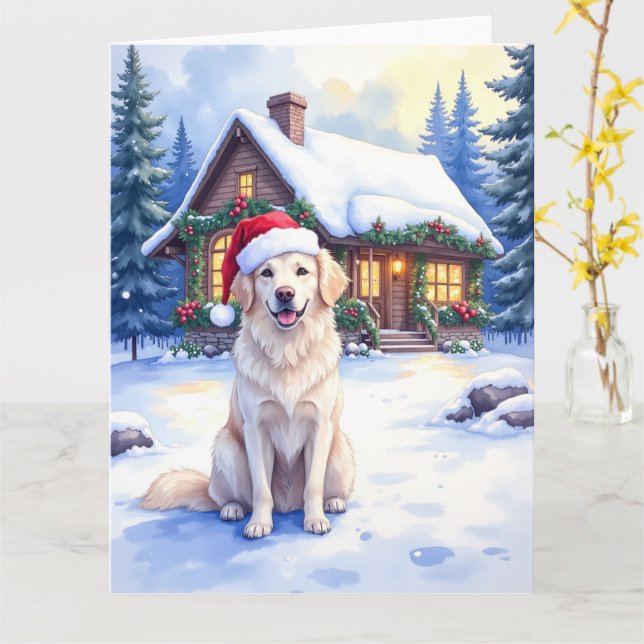 Tarjeta Great Pyrenees Snowy Mountain Lodge Santa Hat (flor amarilla)