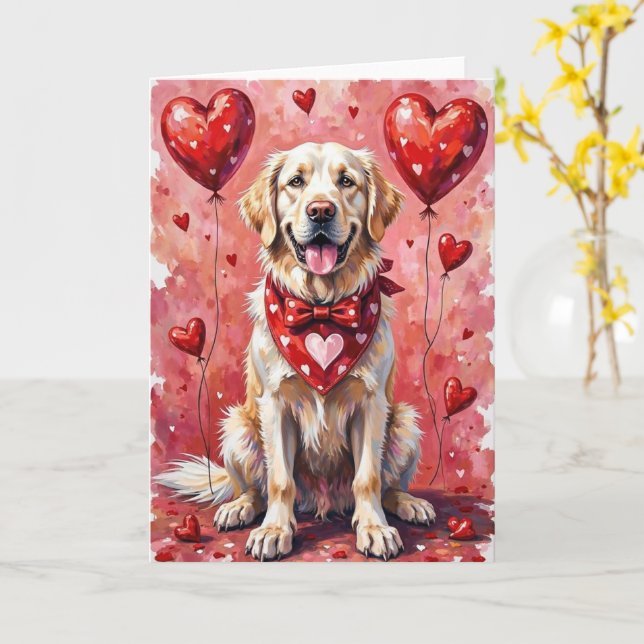 Tarjeta Great Pyrenees Valentine’s Day Dog with Hearts Red (flor amarilla)