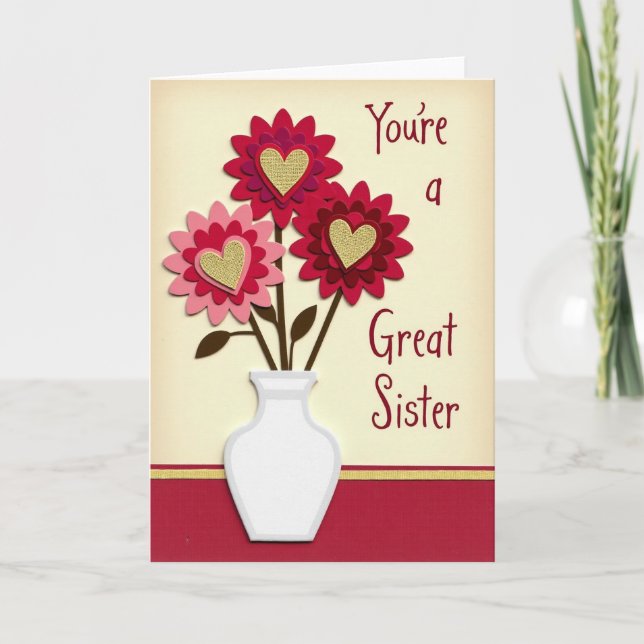 Tarjeta Great Sister Heart Flowers Card (Anverso)