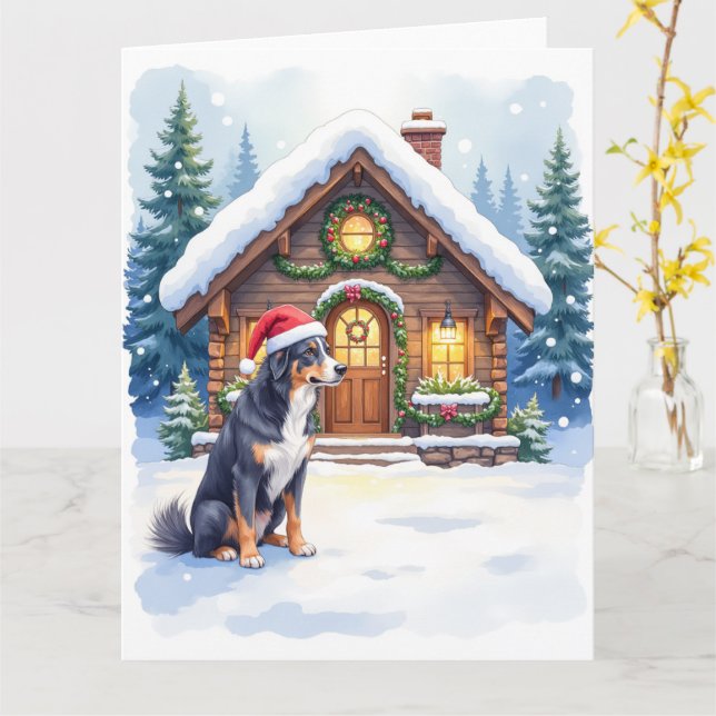 Tarjeta Greater Swiss Mountain Dog Snowy Cabin Santa Hat (flor amarilla)