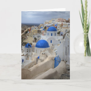 Tarjeta Grecia, Santorini. Torre Bell y cúpulas azules de 