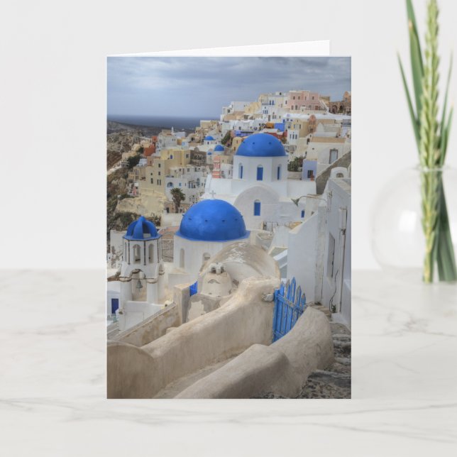 Tarjeta Grecia, Santorini. Torre Bell y cúpulas azules de  (Anverso)