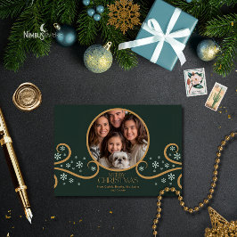 Tarjeta Green and Faux Gold Snowflake Holiday Photo Card