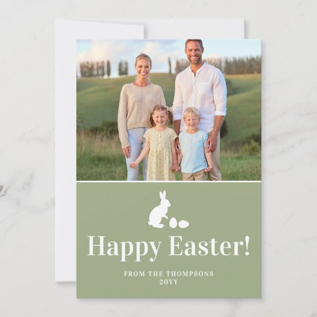 Tarjeta Green And White Bunny With Custom Photo Easter (Anverso)