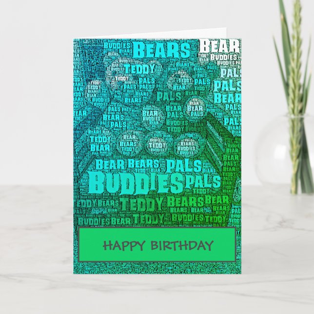 Tarjeta Green Blue Teddy Bear Budds Word Cloud Card (Anverso)