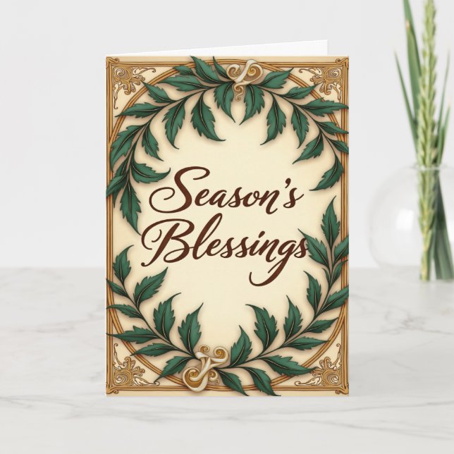 Tarjeta Green Botanical Seasons Blessings Christmas  (Anverso)