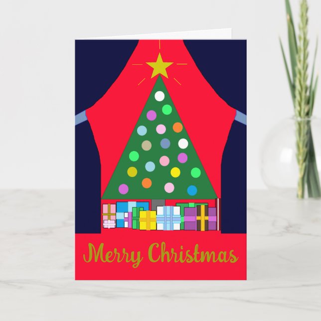 Tarjeta Green Christmas Tree with Blue Drapes: (Anverso)