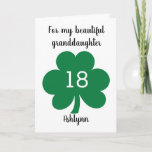 Tarjeta Green Cloverleaf St. Patrick's 18th Birthday<br><div class="desc">Una tarjeta personalizada de 18 años del Día de San Patricio con una hoja de trébol en la parte delantera. Podrá personalizar fácilmente el frente con los detalles del destinatario de cumpleaños. El mensaje de la tarjeta interior también se puede personalizar. Esta tarjeta de cumpleaños personalizada del Día de San...</div>