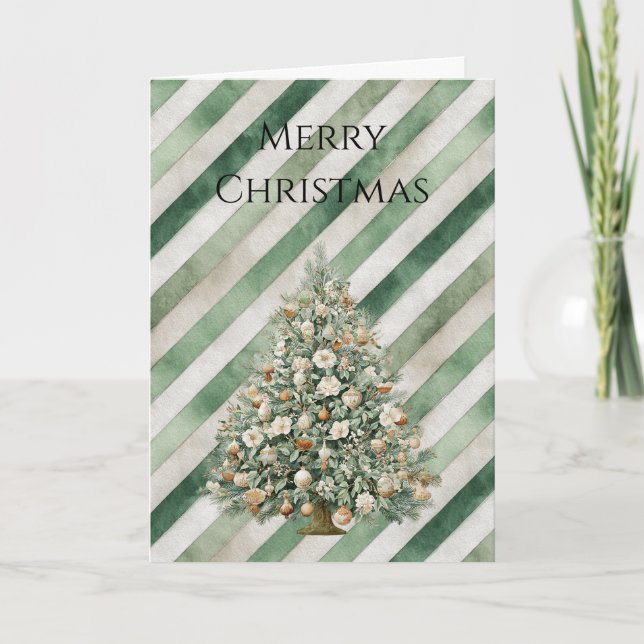Tarjeta Green Cream Stripes Christmas Tree (Anverso)