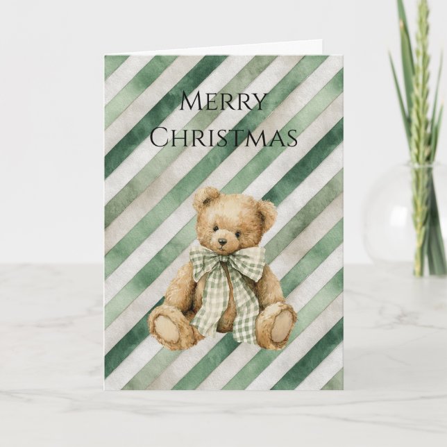 Tarjeta Green Cream Stripes Teddy Bear Christmas (Anverso)