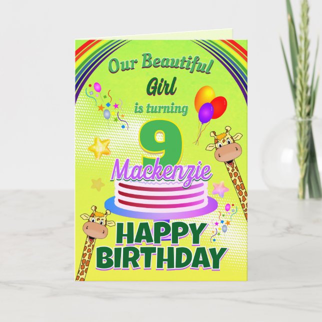 Tarjeta GREEN DE DIVERSIÓN Feliz 9 de cumpleaños jirafas y (Anverso)
