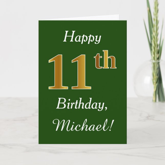 Tarjeta Green, Faux Gold 11th Birthday + Custom Name (Anverso)