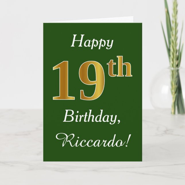 Tarjeta Green, Faux Gold 19th Birthday + Custom Name (Anverso)