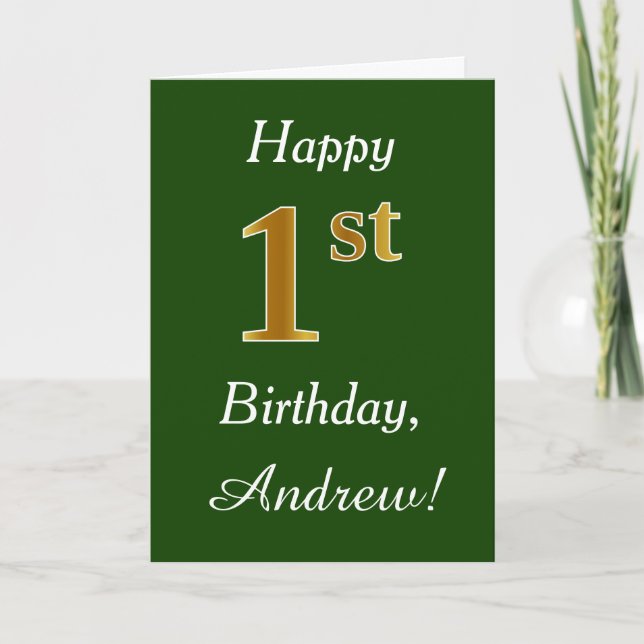 Tarjeta Green, Faux Gold 1er cumpleaños + Nombre personali (Anverso)
