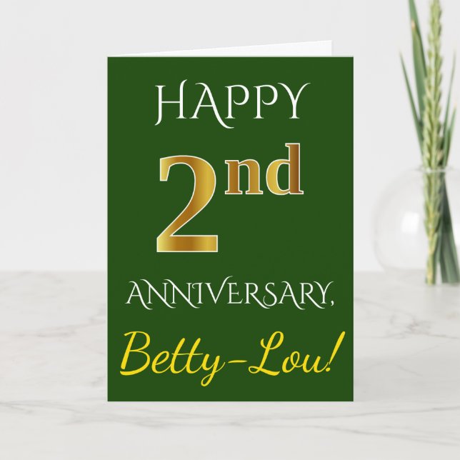 Tarjeta Green, Faux Gold 2º Aniversario Boda + Nombre (Anverso)