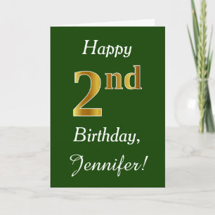 Tarjeta Green, Faux Gold 2º cumpleaños + Nombre personaliz