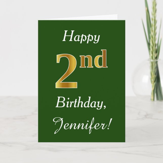 Tarjeta Green, Faux Gold 2º cumpleaños + Nombre personaliz (Anverso)