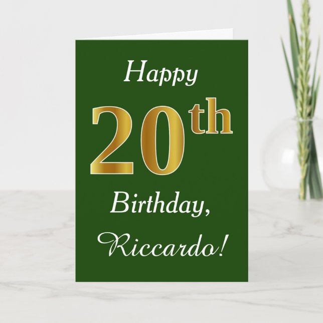 Tarjeta Green, Faux Gold 20th Birthday + Custom Name (Anverso)