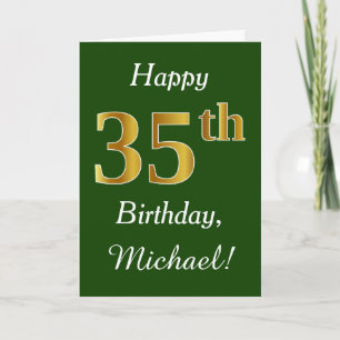 Tarjeta Green, Faux Gold 35th Birthday + Custom Name