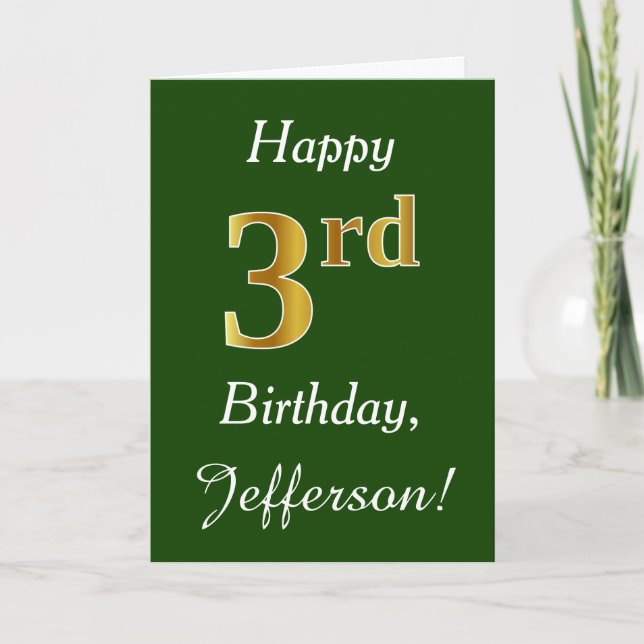 Tarjeta Green, Faux Gold 3Birthday + Custom Name (Anverso)