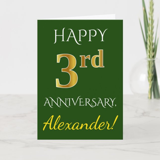 Tarjeta Green, Faux Gold 3er aniversario Boda + Nombre (Anverso)