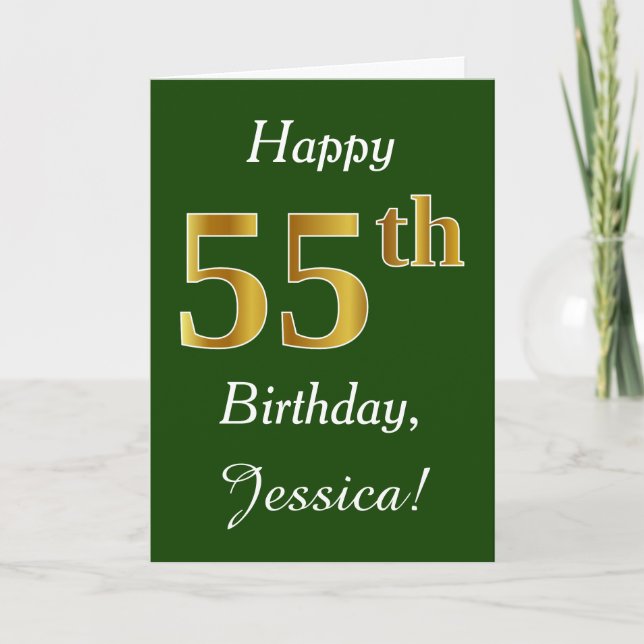 Tarjeta Green, Faux Gold 55th Birthday + Custom Name (Anverso)