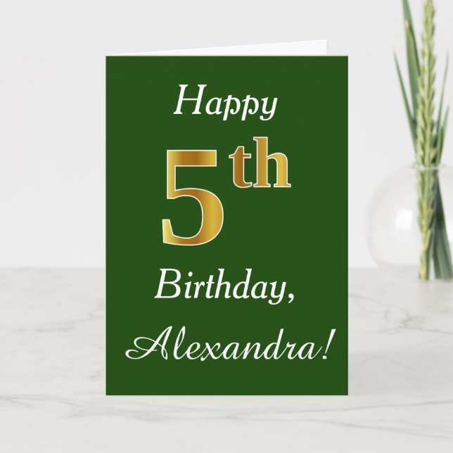 Tarjeta Green, Faux Gold 5 Birthday + Custom Name (Anverso)