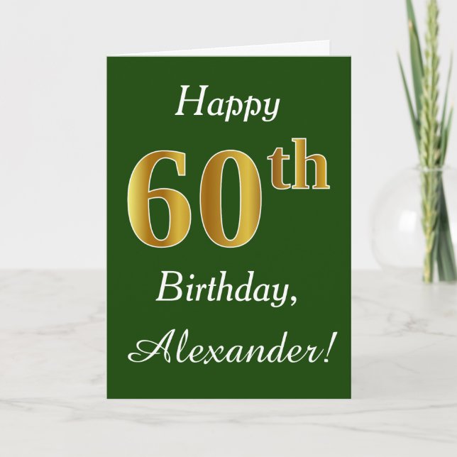 Tarjeta Green, Faux Gold 60th Birthday + Custom Name (Anverso)