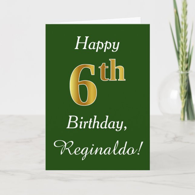 Tarjeta Green, Faux Gold 6Cumpleaños + Custom Name (Anverso)