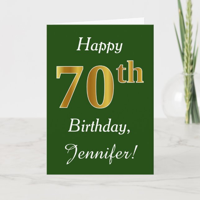 Tarjeta Green, Faux Gold 70th Birthday + Custom Name (Anverso)