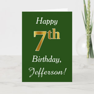 Tarjeta Green, Faux Gold 7Cumpleaños + Custom Name