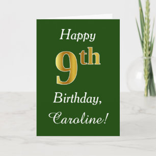 Tarjeta Green, Faux Gold 9Cumpleaños + Custom Name