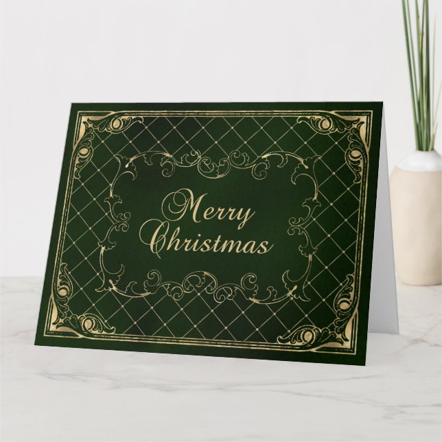 Tarjeta Green Faux Gold Ornate Border Merry Christmas (Anverso)