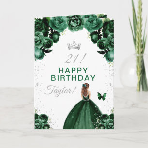 Tarjeta Green Floral Brown Hair Chica Feliz cumpleaños
