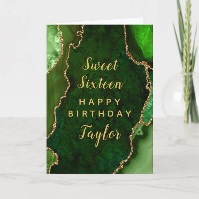 Tarjeta Green Gold Agate Sweet 16 Happy Birday (Anverso)