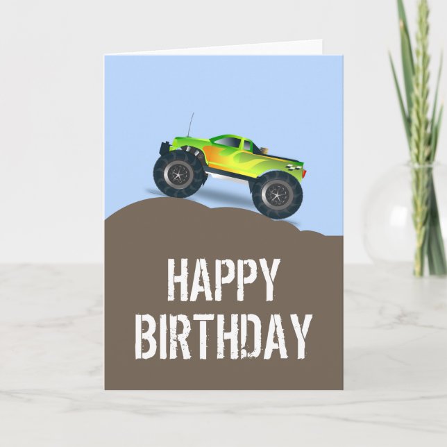 Tarjeta Green Monster Truck Birthday Spare neumáticos Cump (Anverso)