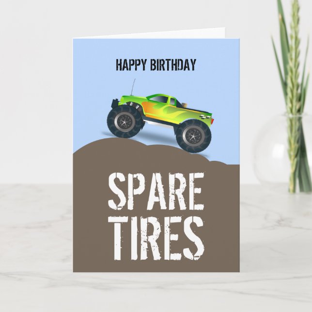 Tarjeta Green Monster Truck Birthday Spare neumáticos Cump (Anverso)