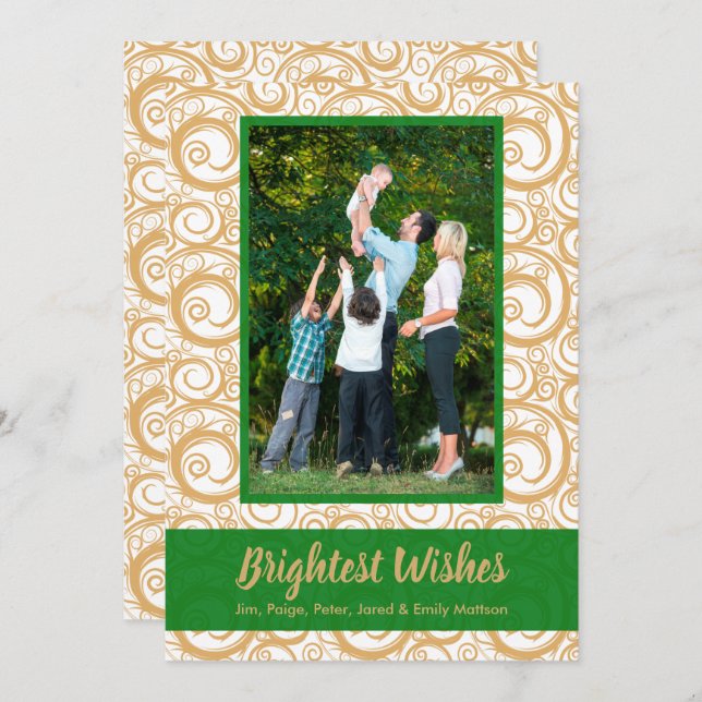 Tarjeta Green on Gold Swirls Navidades Photo (Anverso / Reverso)